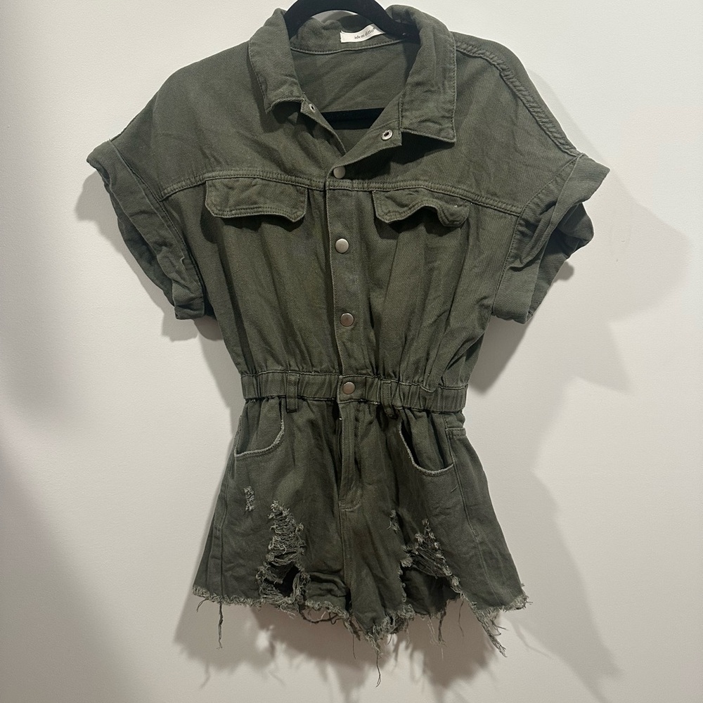 Olive Green Distressed Jumpsuit